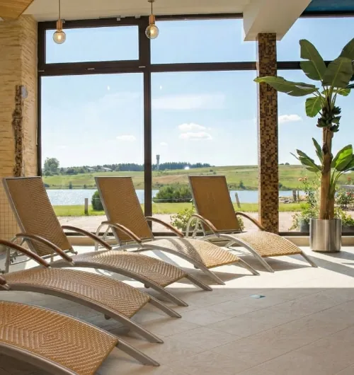 Villa Alicante SPA relaxation lounge with lake view near Vilnius